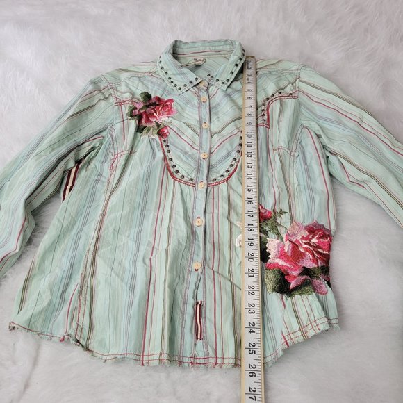 Johnny Was Green Striped Floral Embroidered Long Sleeve Button Down Shirt XL - Picture 6 of 12
